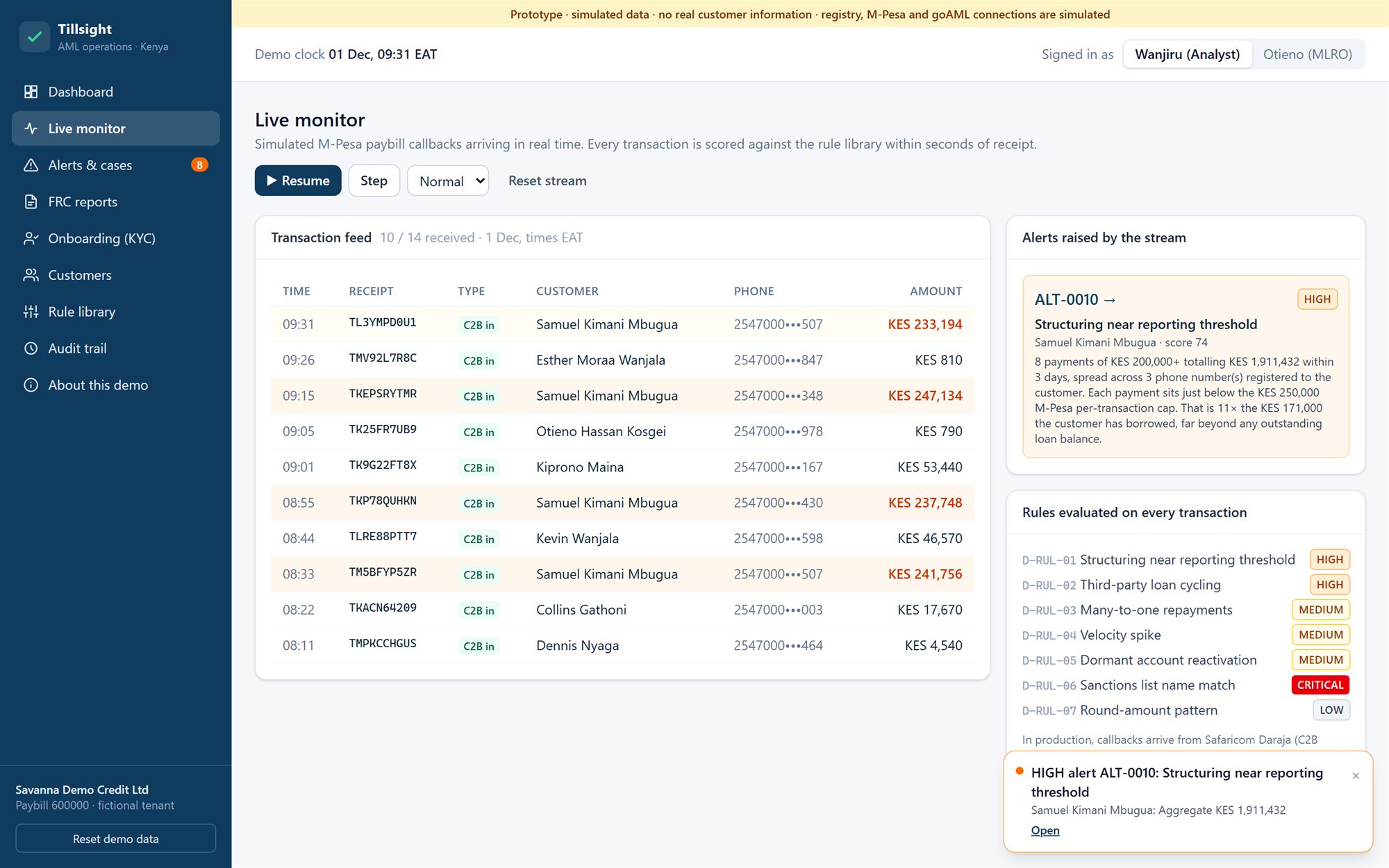 Tillsight live monitor: M-Pesa payments arrive, and a structuring alert fires when one customer makes repeated near-limit payments from three linked numbers.
